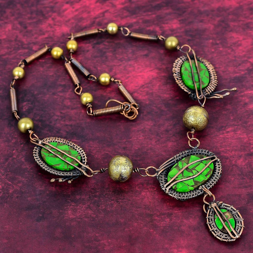 Copper Green Turquoise Gemstone Necklace Copper Wire Wrapped Jewelry Adjustable Chain Necklace