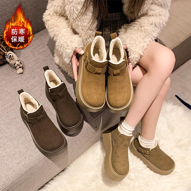 Suede Platform Women Snow Ankle Boots Short Plush Mid Heels Buckle Shoes 2025 Trend Winter New Warm Cozy Non-slip Botas De Mujer