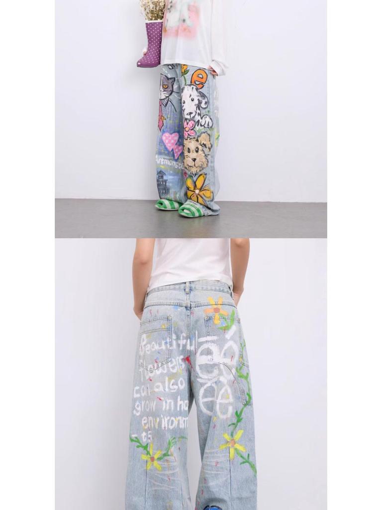 Men's Spring Retro Graffiti Print Wide-Leg Jeans: Casual, Cool, Loose-Fit