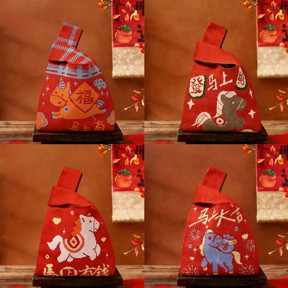 Large Capacity Knitted Handbag Cartoon Pattern Chinese Style Knot Wrist Bag Red Color Weave Pattern Woven Bag Year of the Horse