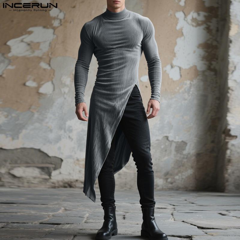 INCERUN Autumn Men Turtleneck Long Sleeve Texture Rib Irregular Tunic Tops Pullovers