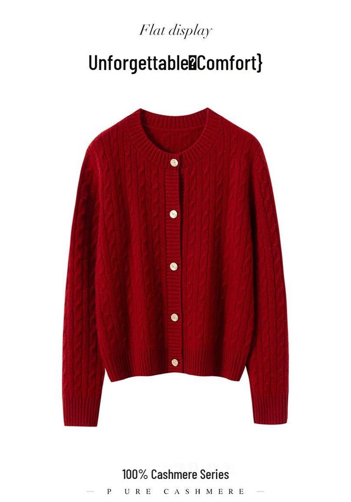 Women's 100% Pure Cashmere Cable Knit Rabbit Button Cardigan, Autumn/Winter 2025 Collection, Round Neck, Loose Fit Sweater Coat.