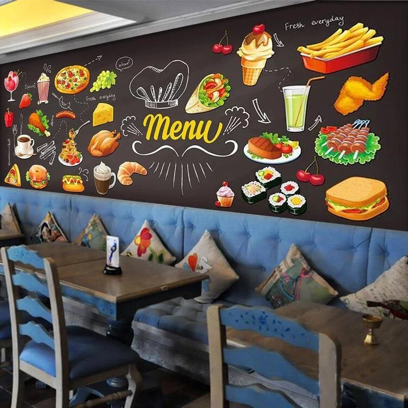 Simple Personalized Blackboard Graffiti Food Mural Wallpaper Cake Shop Cafe Hamburger Shop Restaurant Photo Wallpaper Wall Covering 3D
