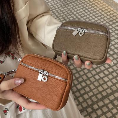 Cartera Minimalista de Cuero Genuino para Monedas y Llaves para Mujer - Diseño de Doble Cremallera para Guardar Pintalabios y Monedas (Edición 2025)