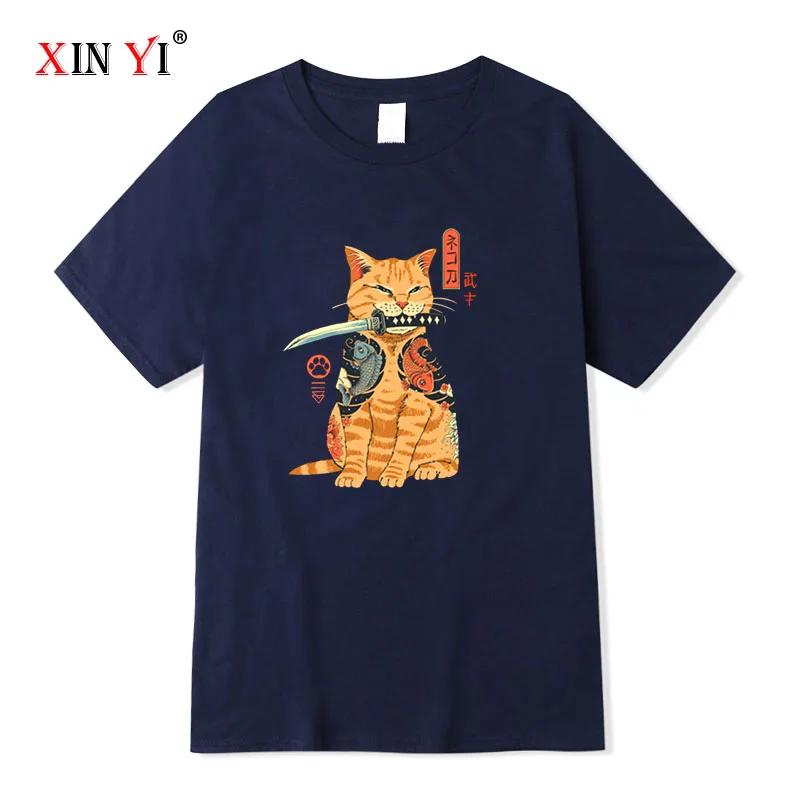 Men's T-shirt Top Quality 100% Cotton Short Sleeve Cool Knife Cat Print O-neck Casual Loose Hip Hop For Men Summer Male Tee Tops