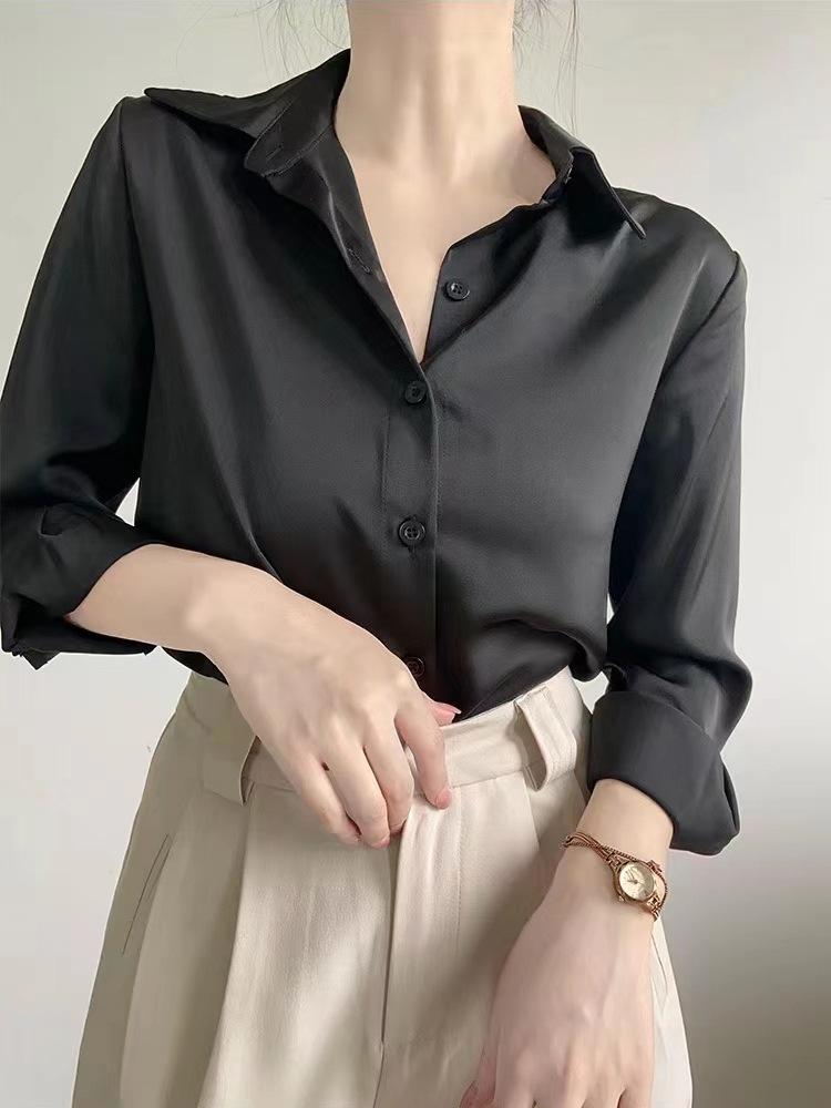 Koszula satynowa wysokiej jakości, biała, damska, z długim rękawem, wiosenna, luźna, do pracy, casualowa