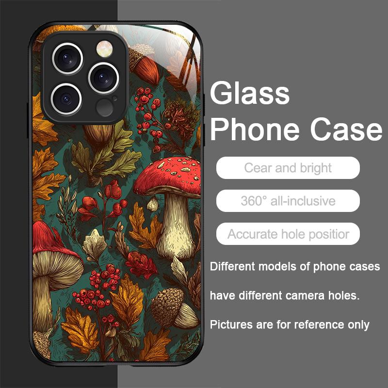 Kreatywne etui na telefon ze szkła hartowanego z wzorem grzybów dla iPhone 17 16 Pro Max 15 14 13 12 Mini 11 X XS 7 8 Plus Pokrowiec