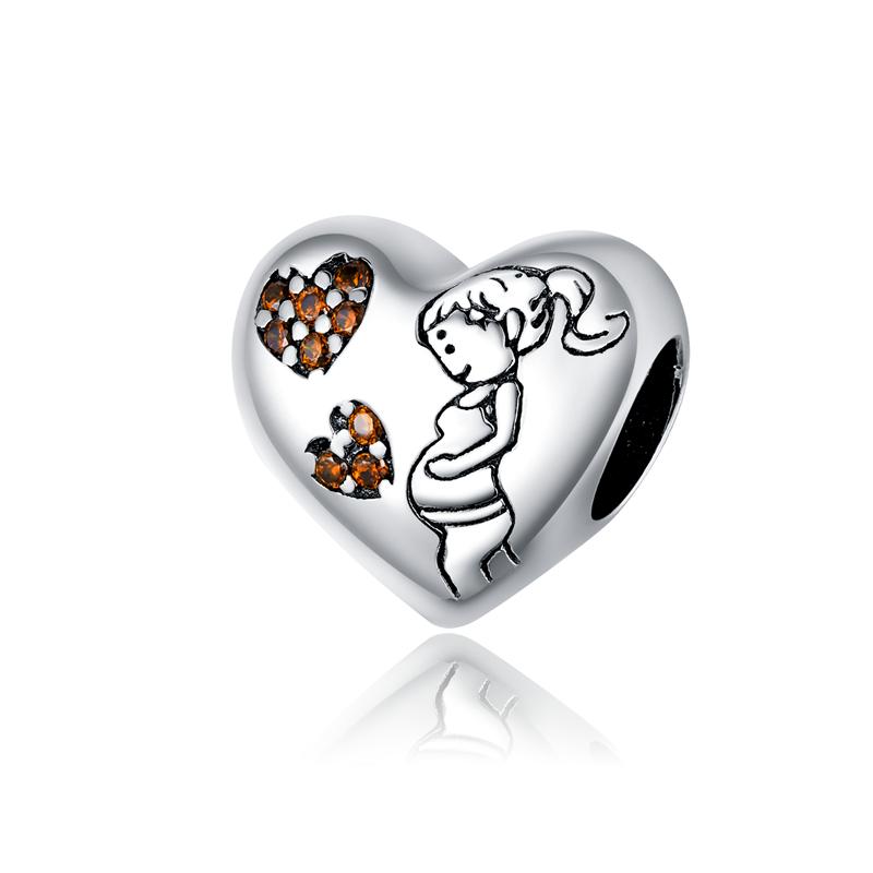 WOSTU Hot Sale 925 Sterling Silver Heart Charm Dangle Mum Beads Fit Original Charm Bracelet Bangle Jewelry Making DIY Gift
