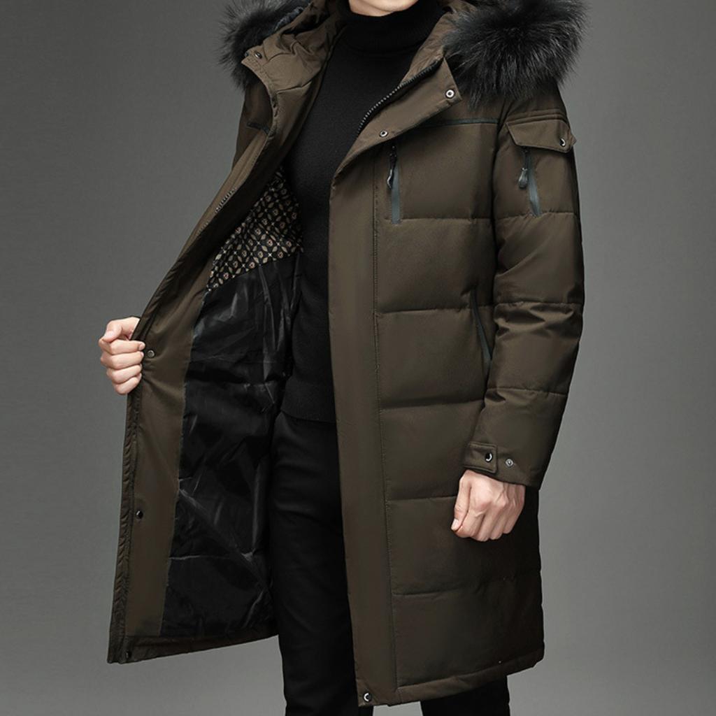 Herren-Daunenjacke, Outdoor-Jacke, Kunstfell, lang, knielang, einfarbig, verdickte Baumwolle, Arbeitskleidung, Übergröße M-5XL