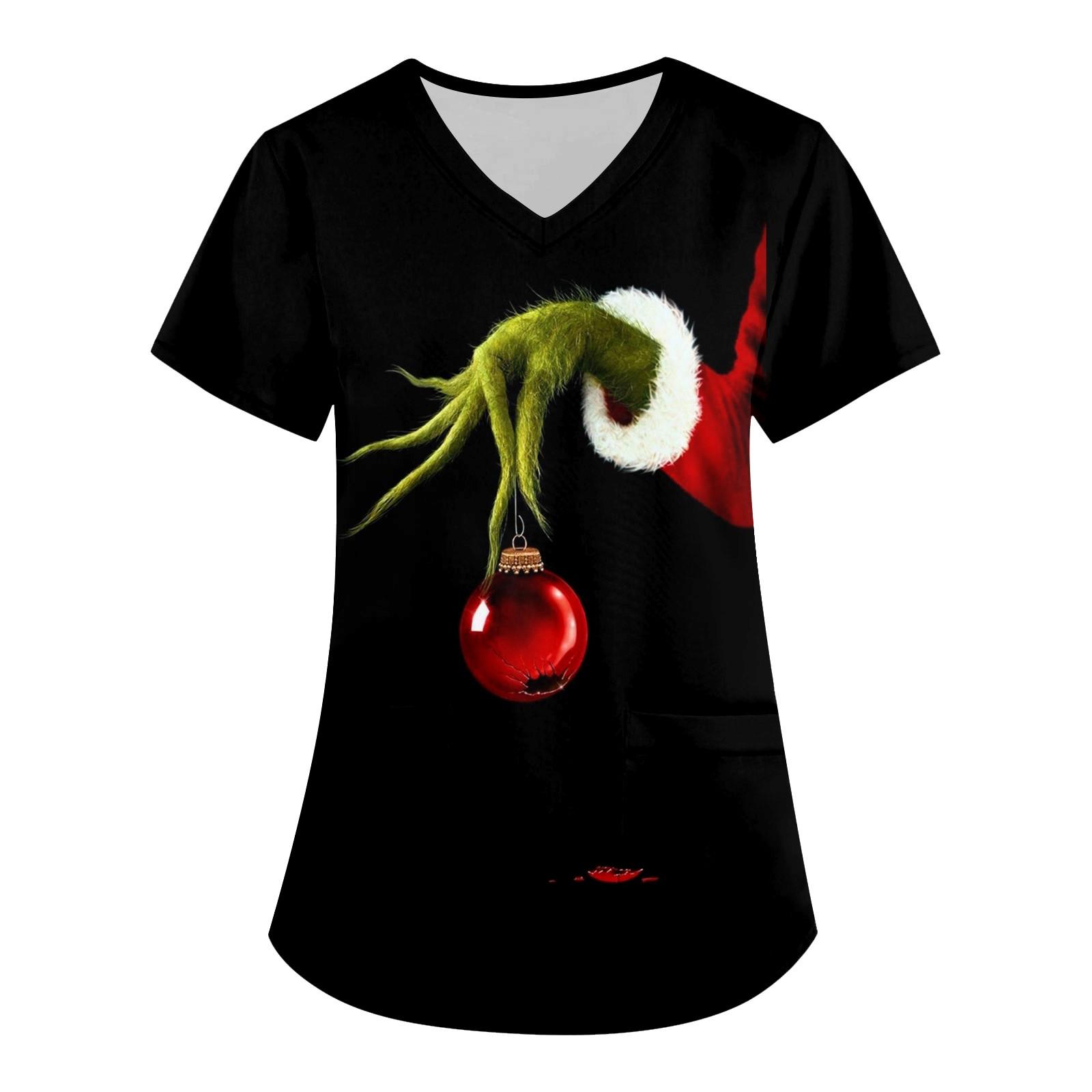 

Женская модная рабочая одежда с v-образным вырезом, короткими рукавами и карманами, топы с рождественским принтом L винный