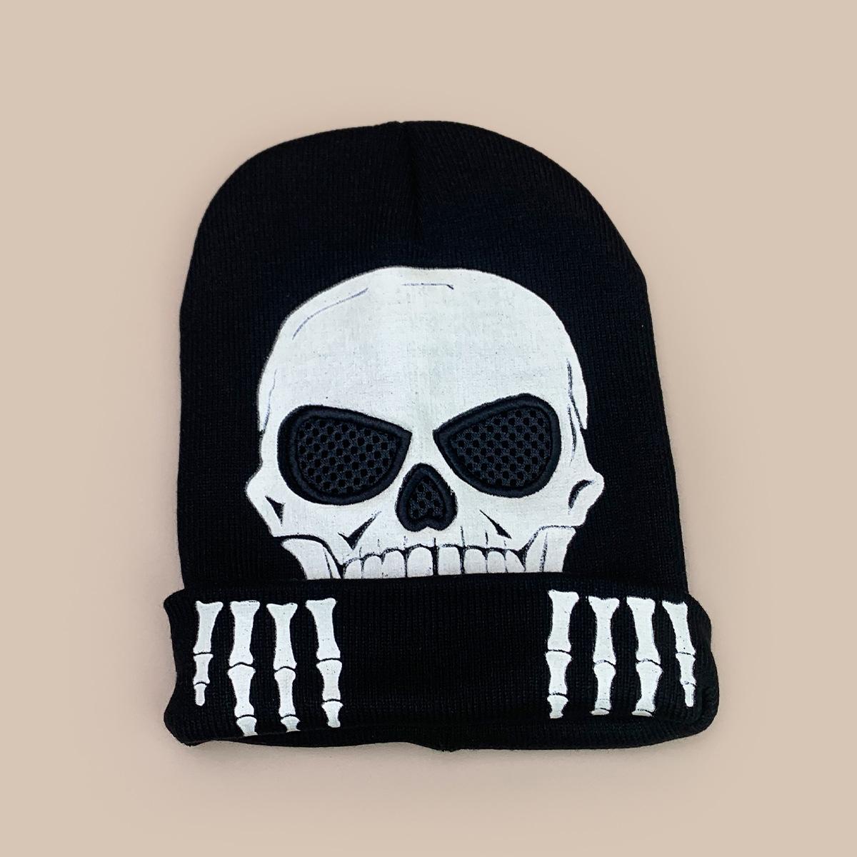 Halloween Skull Gloves Fluorescent Knitted Hat Men And Women Warm Spoof Hip Hop Personality Party Pullover Hat 54-58cm