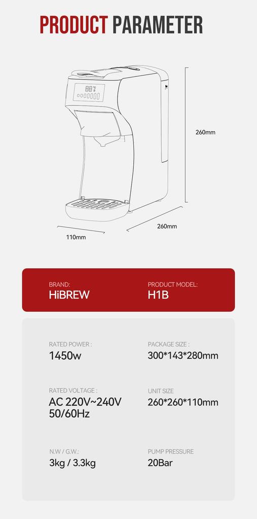 HiBREW H1B Pods Coffee Maker, 600ml Water Tank, 20 Bar Pressure Extraction, Cold/Hot Mode, LED Indicator