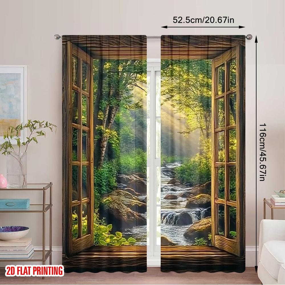 Set Of 2 Flat Printing Curtains Forest Scenic Polyester Without Electricity Festive Holiday Perfect All Season Curtain