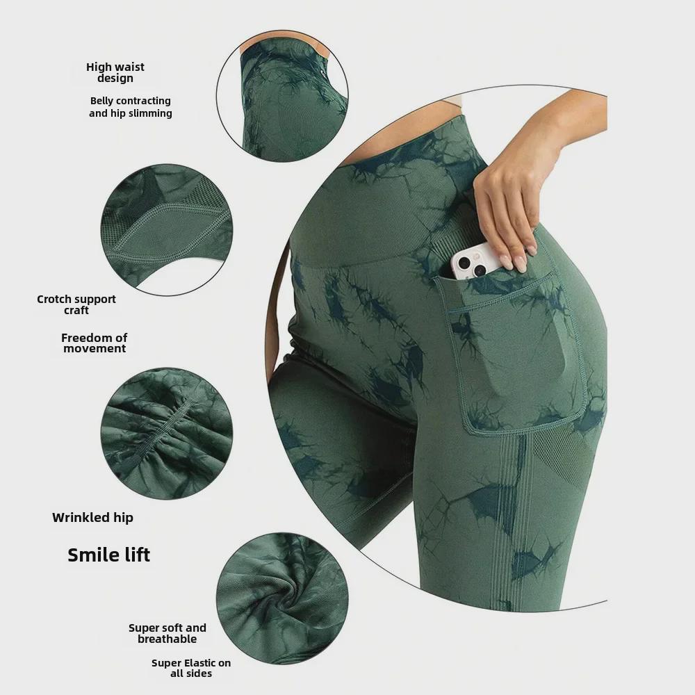 Damskie spodnie do jogi tie-dye z kieszeniami bocznymi – unoszące biodra sportowe ubrania