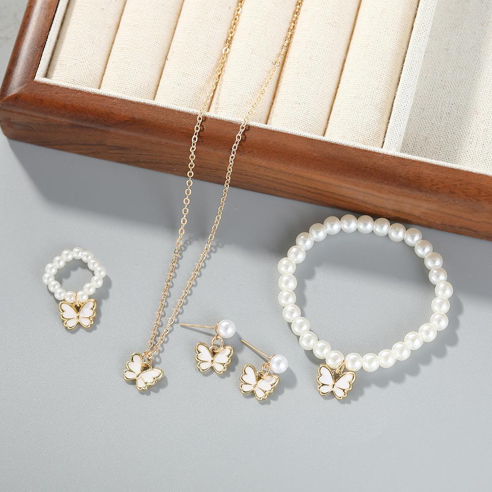 Children's Necklace Creative Pearl Butterfly Girls Jewelry Bracelet Girls Oil Drop Accessories Ring Earrings