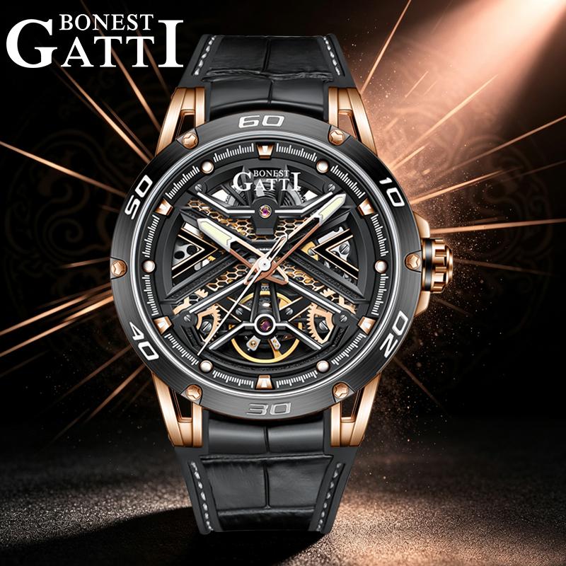 BONEST GATTI BG4601 Automatic Mechanical Men's Watch Round Dial Skeleton Luminous Waterproof Business Sports Wristwatch for Men