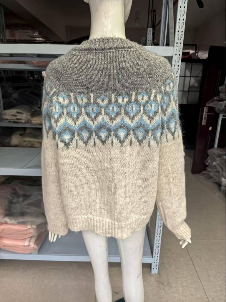 Women's Retro Fair Isle Color Block Knit Cardigan - Korean Style, Thick and Cozy for Autumn/Winter