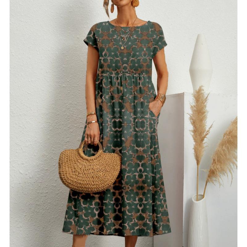 Women's Loose Cotton Linen Summer Dress with Round Neck and Pocket