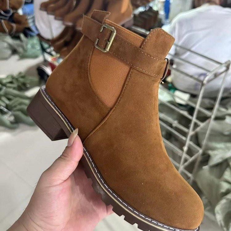 2025 Autumn/Winter Plus Size Women s Suede Ankle Boots with Chunky Heel, Round Toe, and Belt Buckle 42