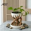 Indoor Plant Container 3D Printed Tree Root Planter, Bionic Wood Textured Flower Pot with Makeup Brush Organizer Drainage Hole, Succulent Desk