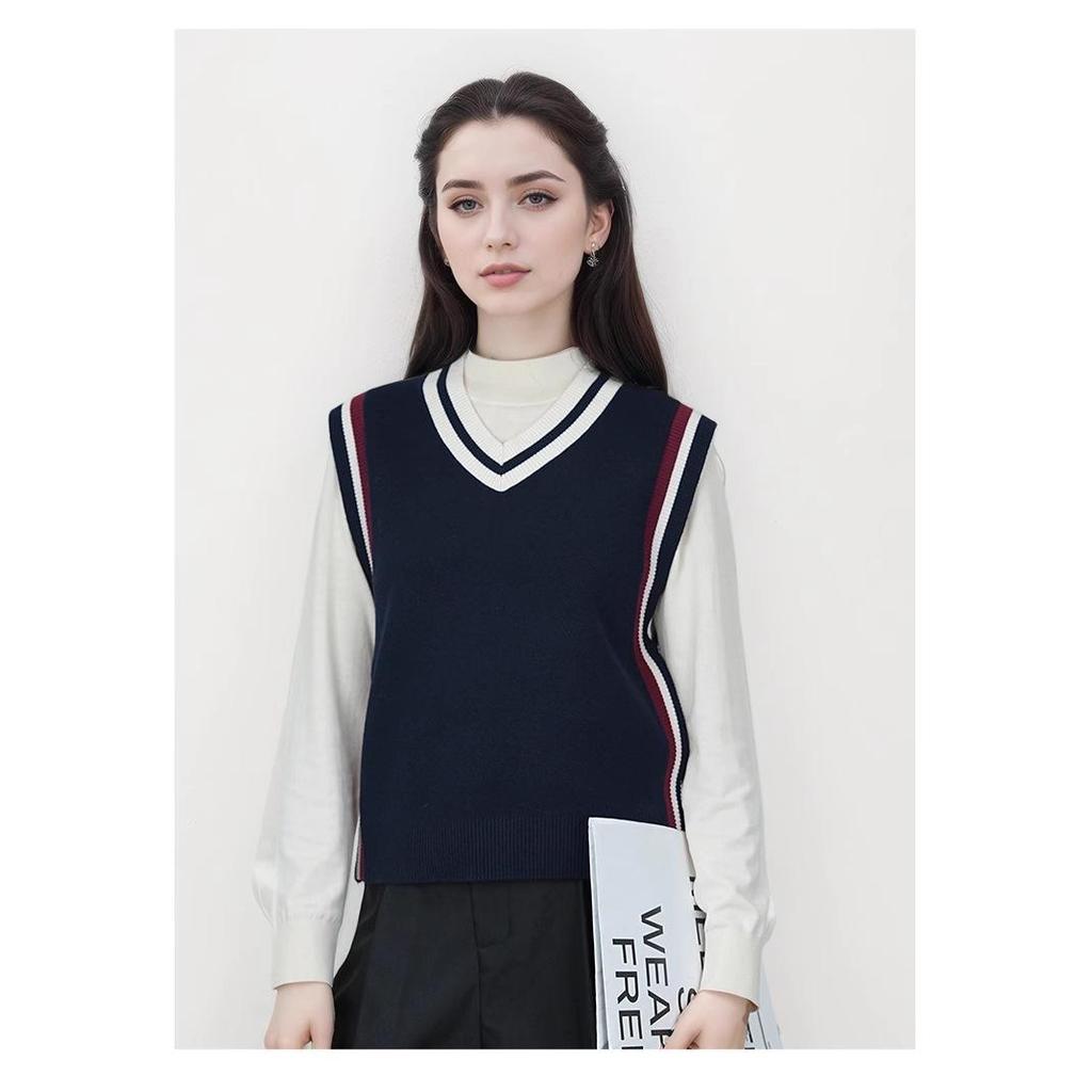 Knitted V-neck Color-Block Vest - Spring & Autumn School Uniform Style Sweater