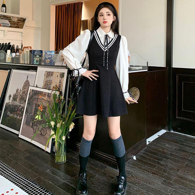 2025 Spring Arrival: Curvy Fit Polo Collar Dress with Bell Sleeves & Color Block Design – Elegant Short Skirt