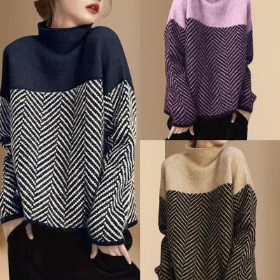 Retro-Farbe, Colorblock Rollkragen Strickpullover, Lockerer und Entspannter Schnitt, Perfekt zum Überziehen über einen Pullover.