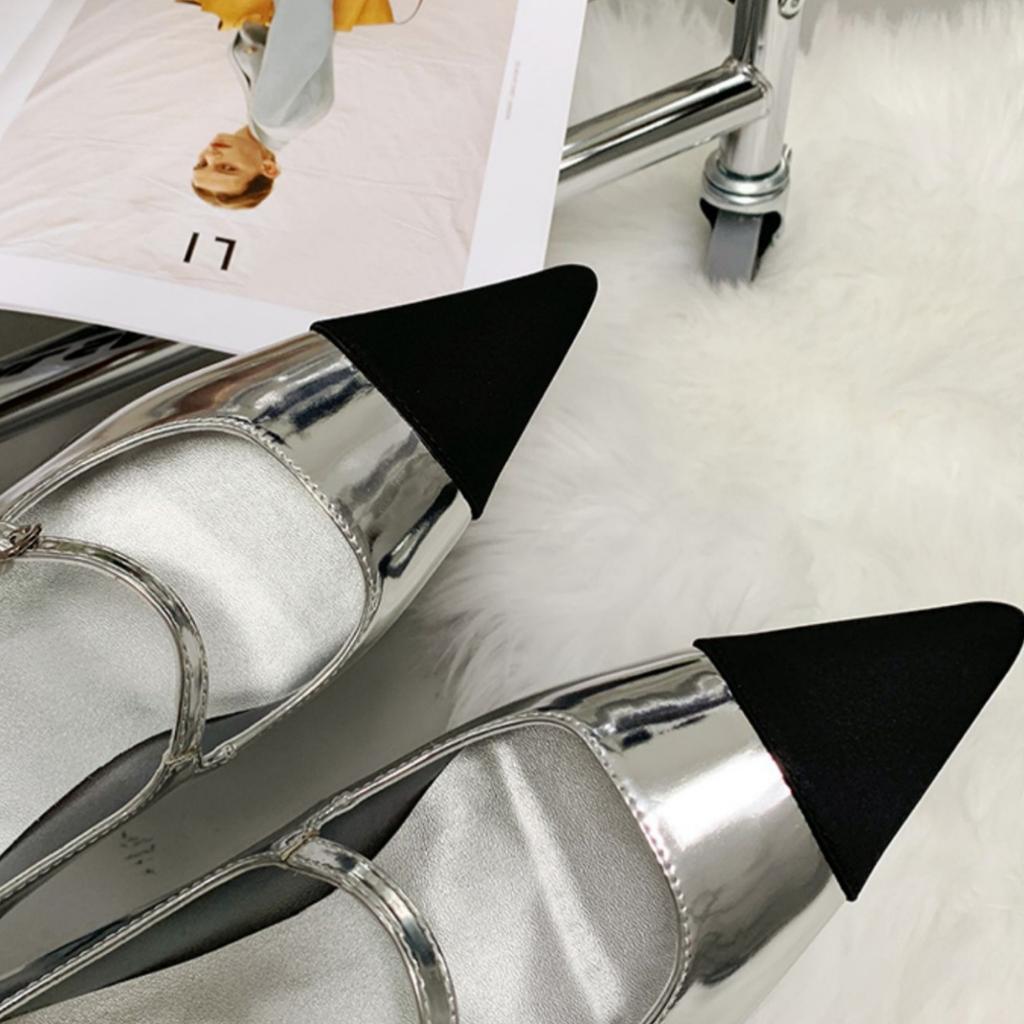 [Clearance Spot] Xiaoxiangfeng Pointed Wedge Heel Single Shoes Women's High Heel Retro Silver French Mary Jane Small Leather Shoes