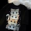 Uroczy T-shirt damski z nadrukiem kota z kreskówki z okrągłym dekoltem i krótkim rękawem, casualowy, luźny, wszechstronny, letni