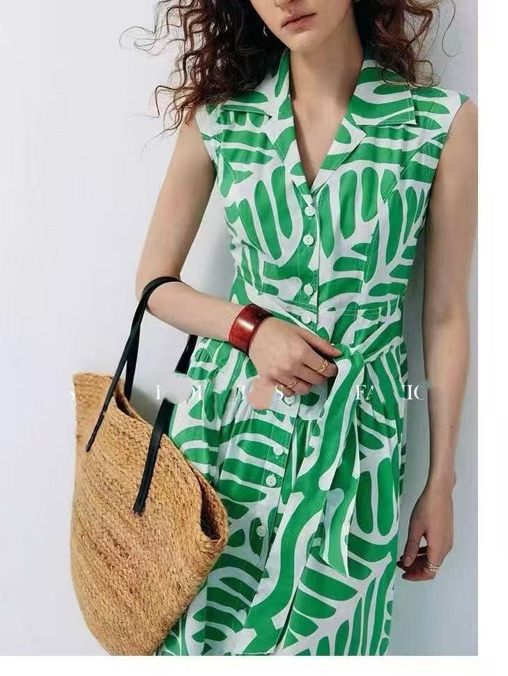 DVF Early Autumn Green & White Palm Leaf Dress with Waist Belt - Flattering Resort Fashion