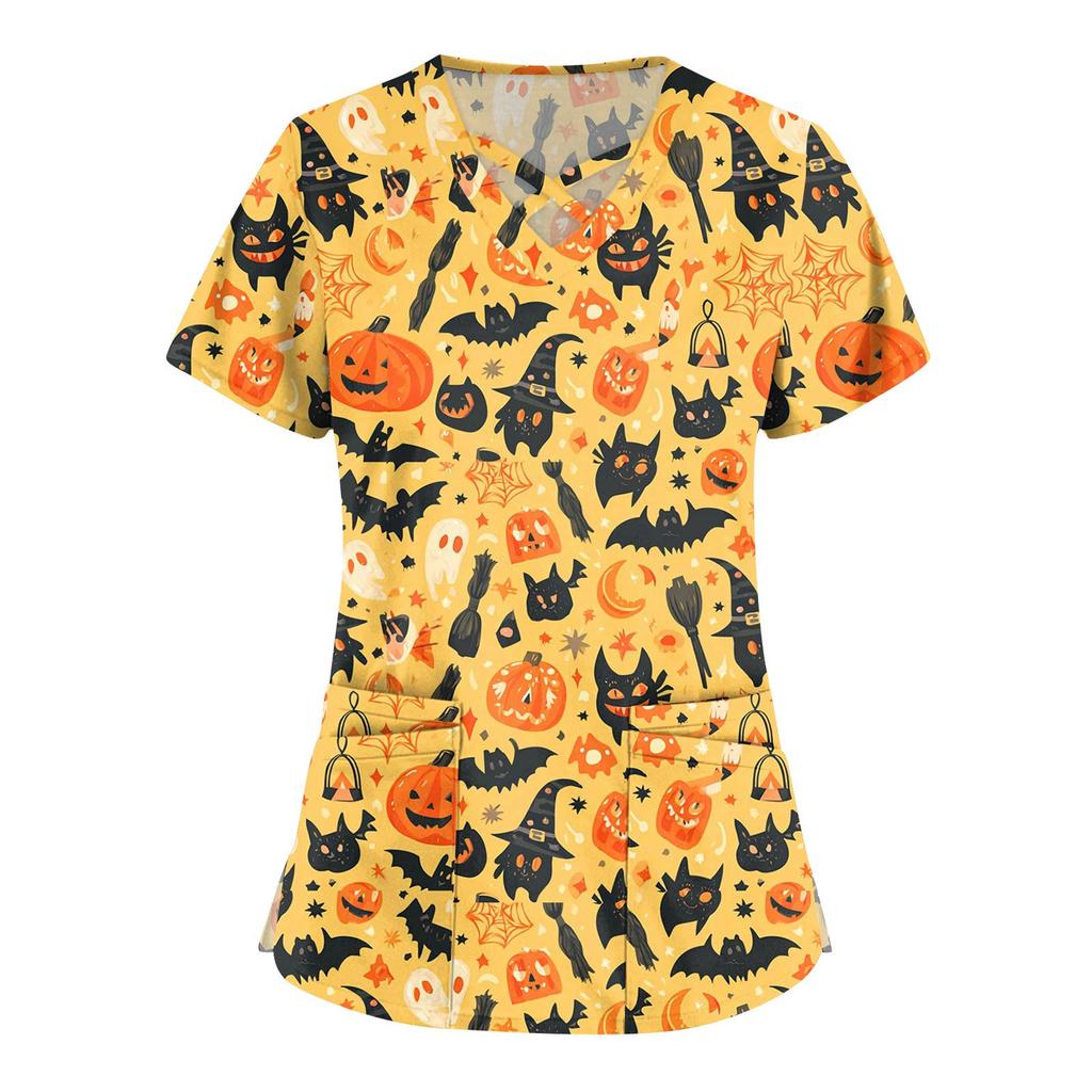 Dámská móda Overaly s výstřihem do V a krátkým rukávem Top s potiskem Halloweenu Oblečení