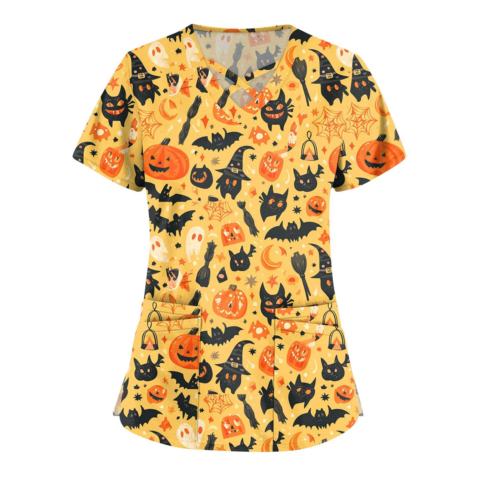 

Женская мода Комбинезон с V-образным вырезом и короткими рукавами Топы с принтом на Хэллоуин с двойным карманом Одежда S жёлтый