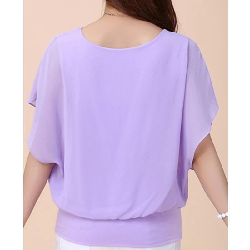 Summer Women Blouse Female Short Batwing Sleeve Oversized Loose O Neck Chiffon Shirt Office Lady Elegant Tees