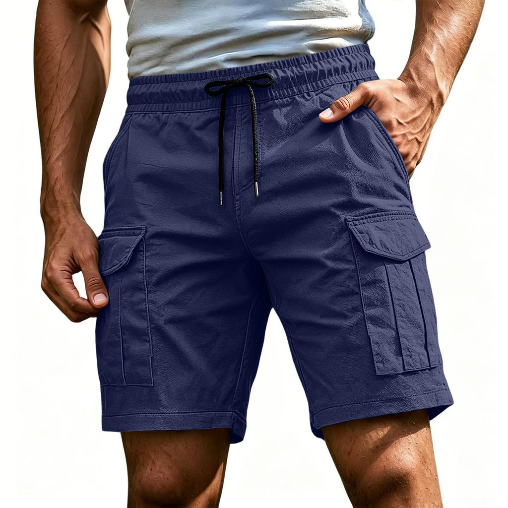 Men's Casual Cargo Shorts Elastic Drawstring Waist Multi-Pocket Summer Quick Dry Workout Solid Color Beach Short Pants