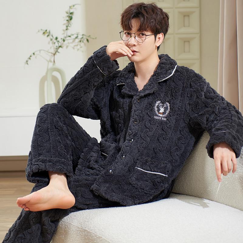 Herren Plüsch Dick Pyjama Set für Herbst/Winter – Warme Haus- & Outdoor-Bekleidung, Übergrößen verfügbar
