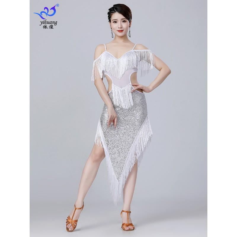 Sequined Fringe Latin Dance Skirt Women Performance Stage Wear Sexy Salsa Costume Irregular Hem