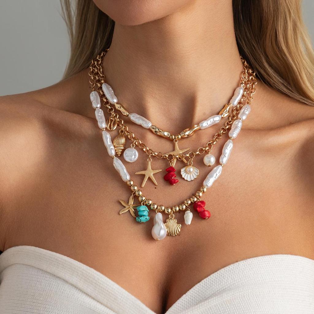 Starfish Scallop Pendant Choker Necklace Women Boho Imitation Pearl Chain Beach Jewelry Gift
