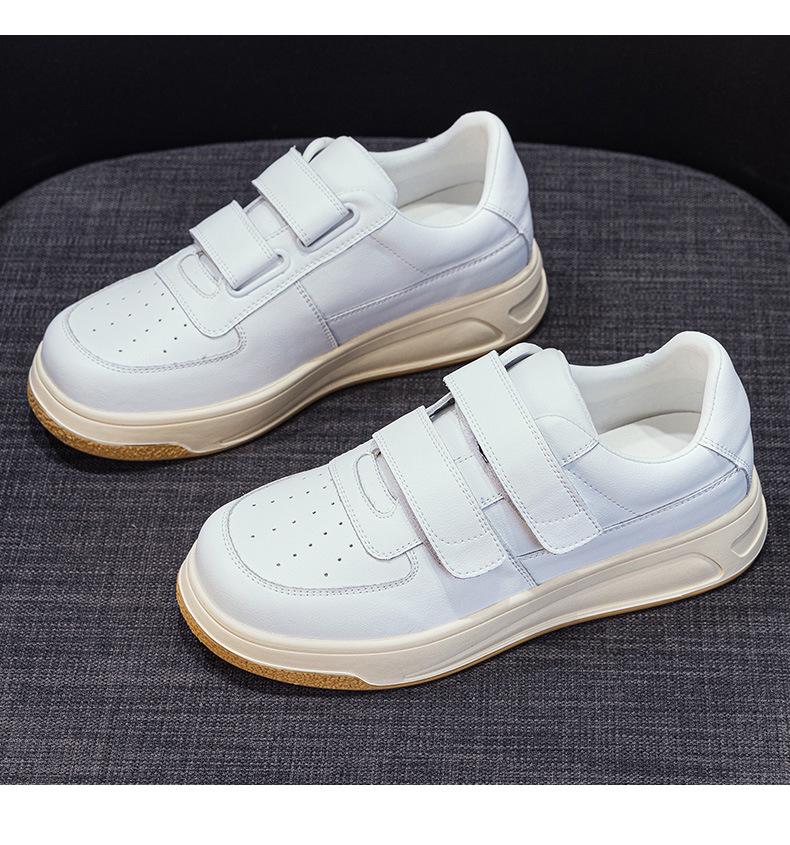 Women's White Platform Sneakers - 5cm Height Boost, Autumn Casual, Velcro, Thick Sole, Genuine Leather.
