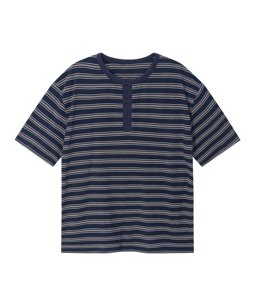 Dibsenseu Striped Henley Neck Short Sleeve T-Shirt - Blue