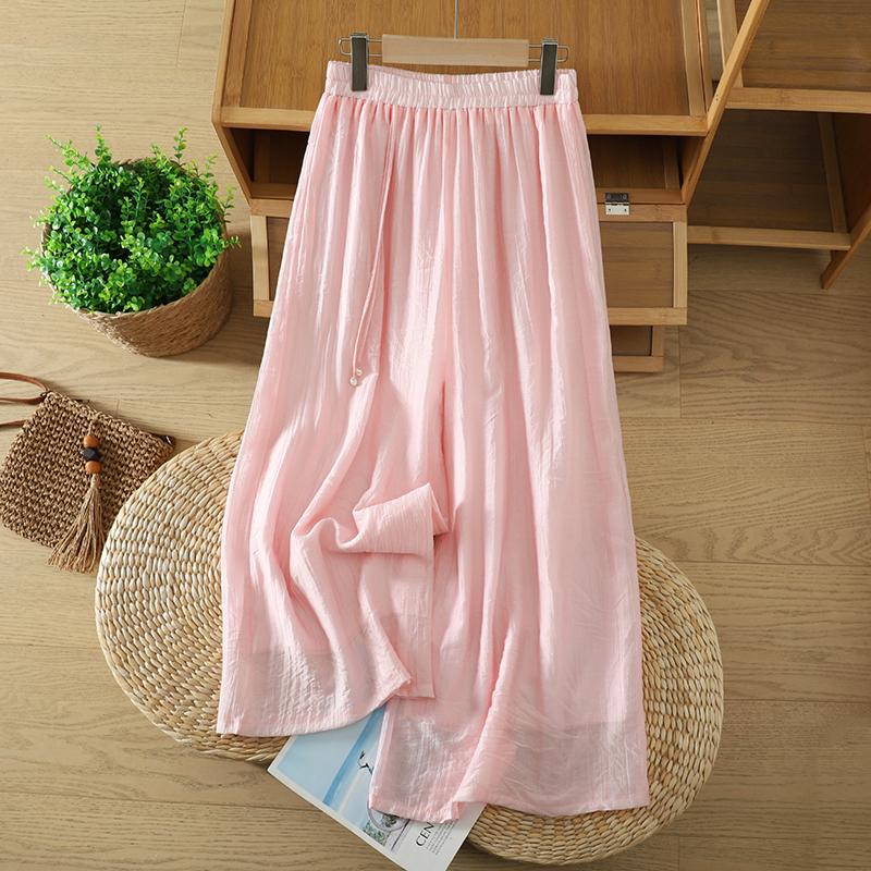 DIMANAF Plus Size 2026 Women Linen Pants Elastic Waist Vintage Basic Lady Solid Lace Wide Leg Long Pants Oversize Loose Tencel