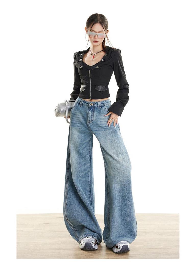 Women's Retro Wide-Leg Jeans: American Design, HK Style, Loose Straight-Leg, Floor-Length