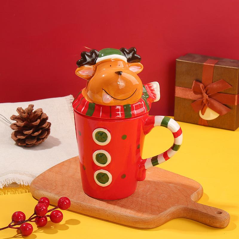 Hrnek na kávu Santa Claus s víčkem Roztomilý keramický vánoční pohár na vodu Jemný Domácí Kancelář Snídaně Ovesná kaše Mléčný hrnek Kreslený Dárek Nový