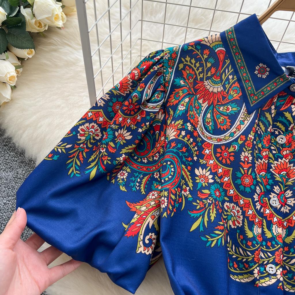 Summer Women Plus Size Lantern Sleeve Vintage Print Shirt Oversize Lace-up Dresses