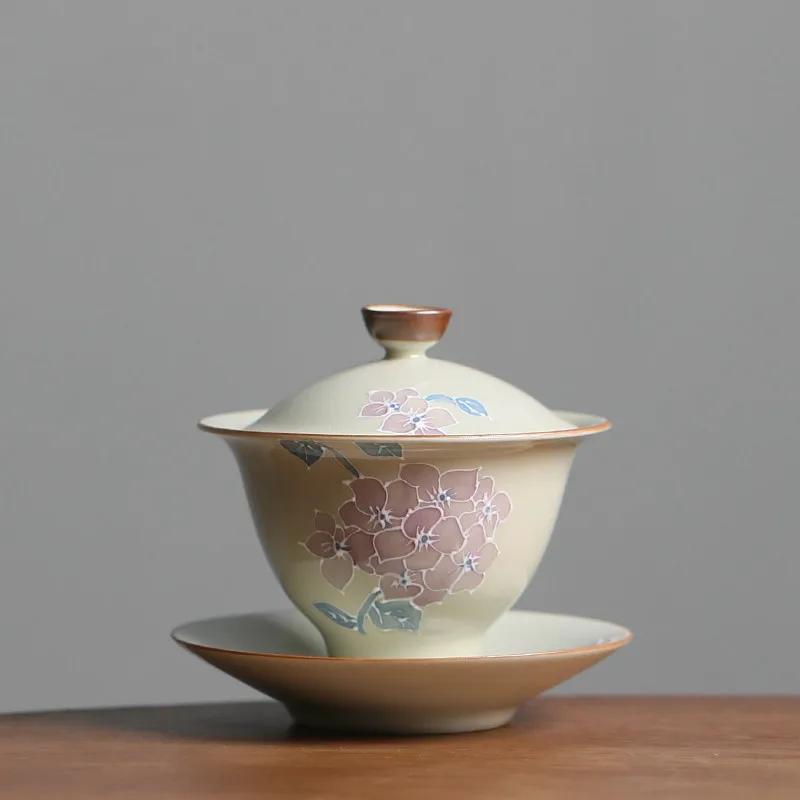 

100ml hand-painted embroidered ball flower ceramic tea cover bowl handmade home Chinese Kung Fu tea set 10.1x9cm 100ml