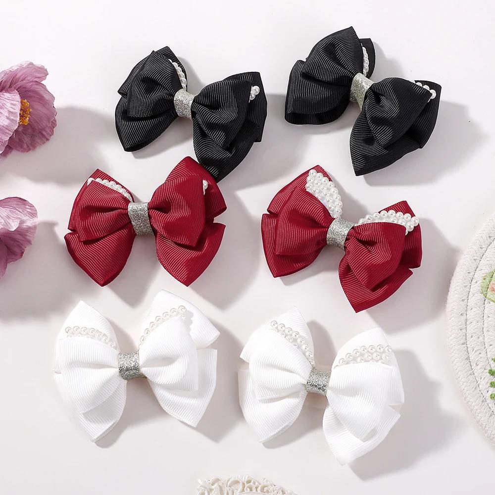 RAINBOW BOWS 2Pcs Retro Wine Red Bowknot Pearl Boutique Hair Clips Girls Ribbon Delicate Barrette Palace Princess Style Headwear