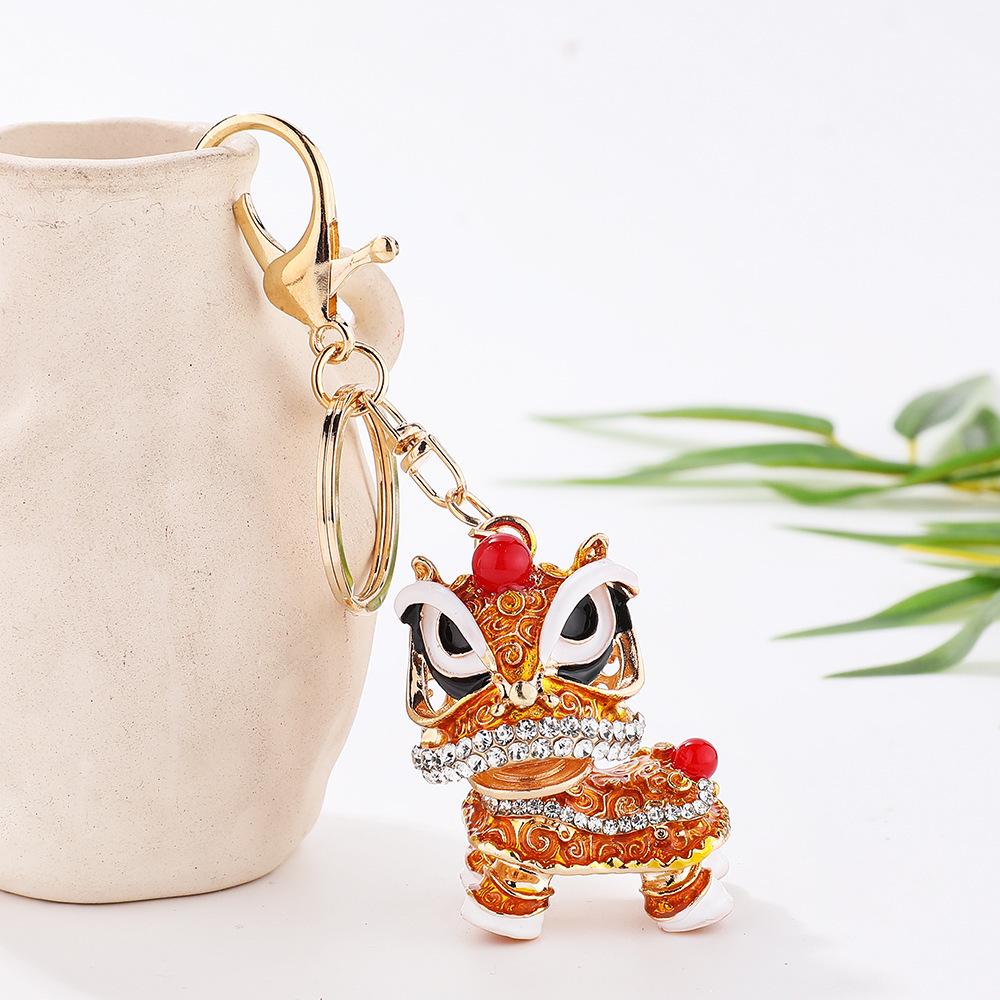 Awakened Lion Dance Rhinestone Keychain - Cute Chinese Dragon Ball Lion Charm