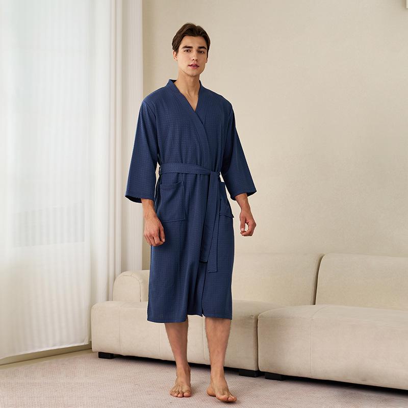 Women's Plus Size Quick-Dry Black Waffle Bathrobe with Three-Quarter Sleeves - Summer Thin