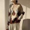 Autumn and winter new rhombus pullover women's loose versatile crew neck wool knitted sweater top