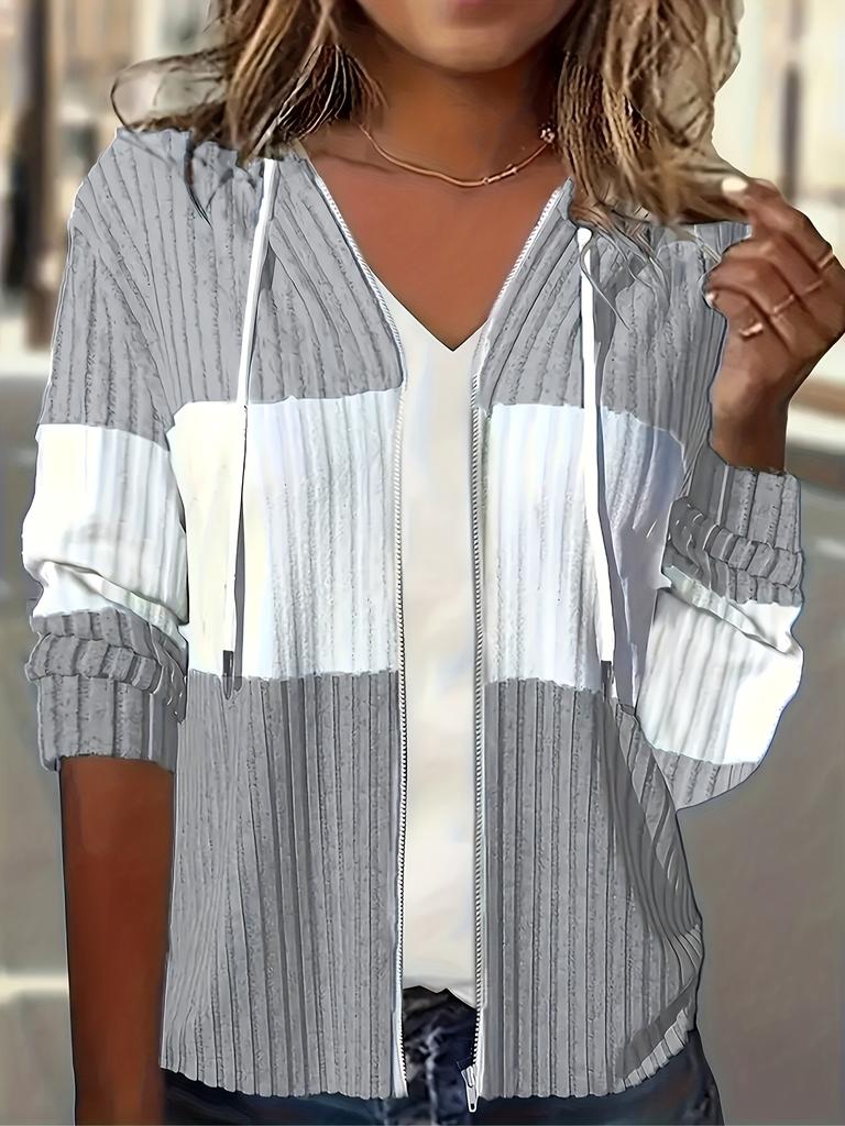 Felpa da donna casual color block con coulisse e cerniera, stile streetwear con tasche
