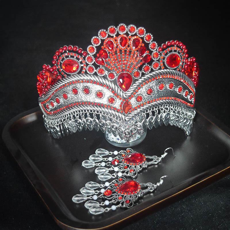 Ethnic Style Dance Luxury Pearl Gold Crown Hollow Design Bridal Wedding Decoration Alloy Crown Earrings